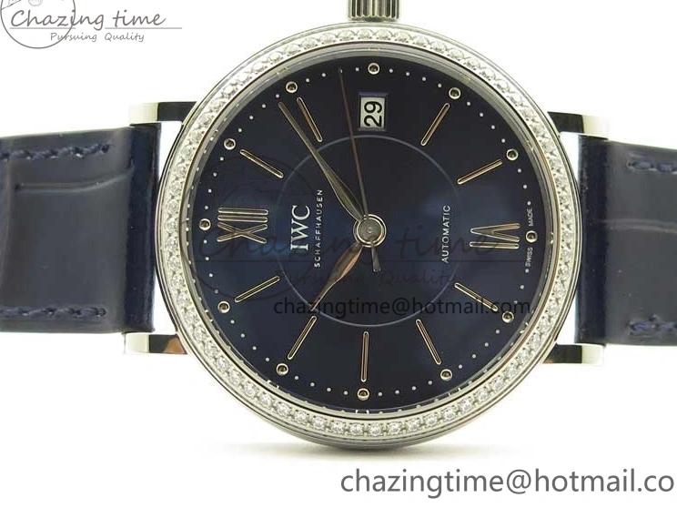 MIROTIME 1224 Portofino 37mm SS V7F 1:1 Best Edition Blue Dial Diamonds Bezel on Blue Leather Strap A Chic 7093